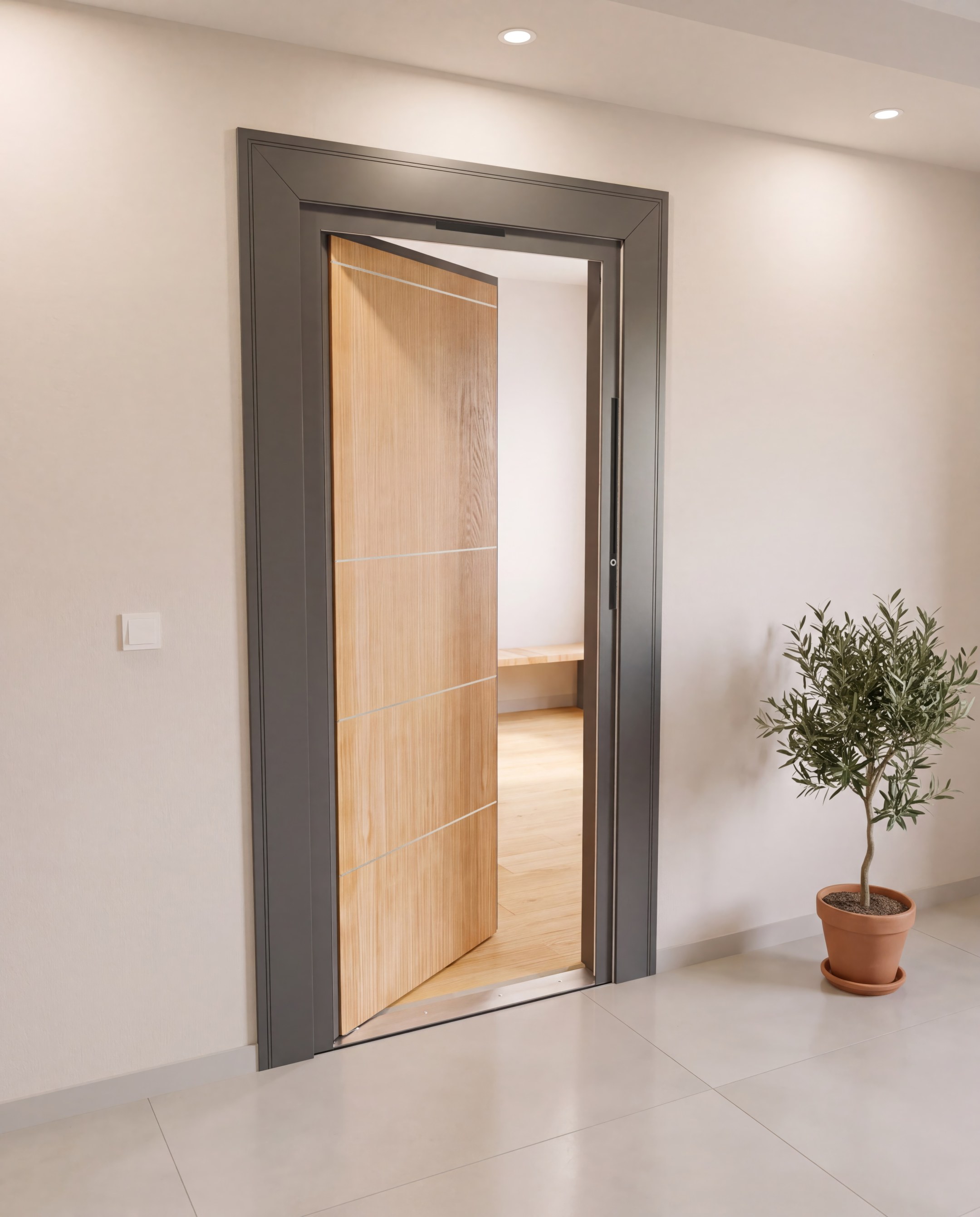 DALTU door opening by itself towards the inside, seen from the landing.